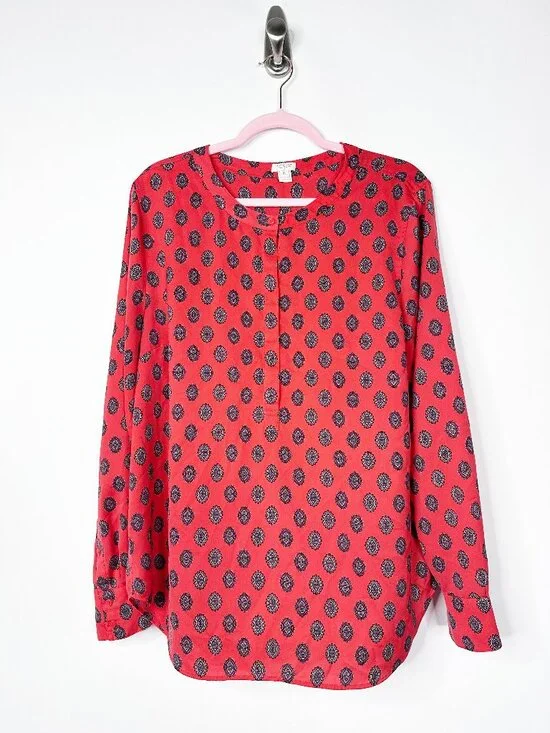 2/$30 J. Crew Medallion Print Drapey Crepe Henley Tunic Top Orange XL #A1794 - Picture 3 of 7